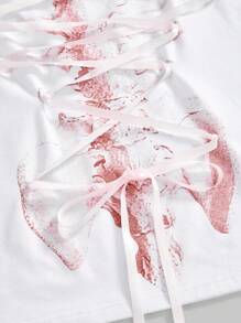 ROMWE J-Fashion Women's Y2K Vintage Grunge Angel Ribbon Tie Skeleton Print Oversized T-Shirt - White - View 4