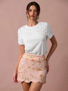Enchnt Women's Elegant Peach Summer Mini Skirt,Tea Party Orange Sequined Embroidered Scalloped Trim Skirt For Birthday,Vacation&Wedding Guest - Orange - View 3