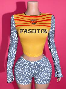 Slaydiva 2025 Summer New Style College Style Birthday Party Graduation Season Student Wear Daily Street Basic Versatile Casual Popular Online Style Street Style Round Neck Long Sleeves Cropped Tight Top And Tight Shorts Contrast Stripes Leopard Print Wave Edge Asymmetrical Hem Cuffs Summer Suit Women's Two-Piece Suit - Multicolor - View 3