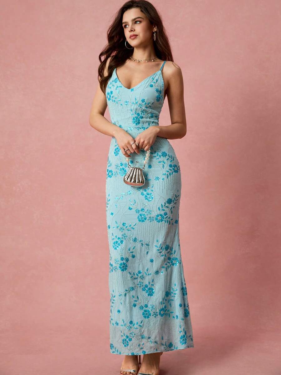 Enchnt 女式优雅亮片花卉印花腰部收腰鱼尾下摆吊带裙，夏季 - 藍色 - 查看 1