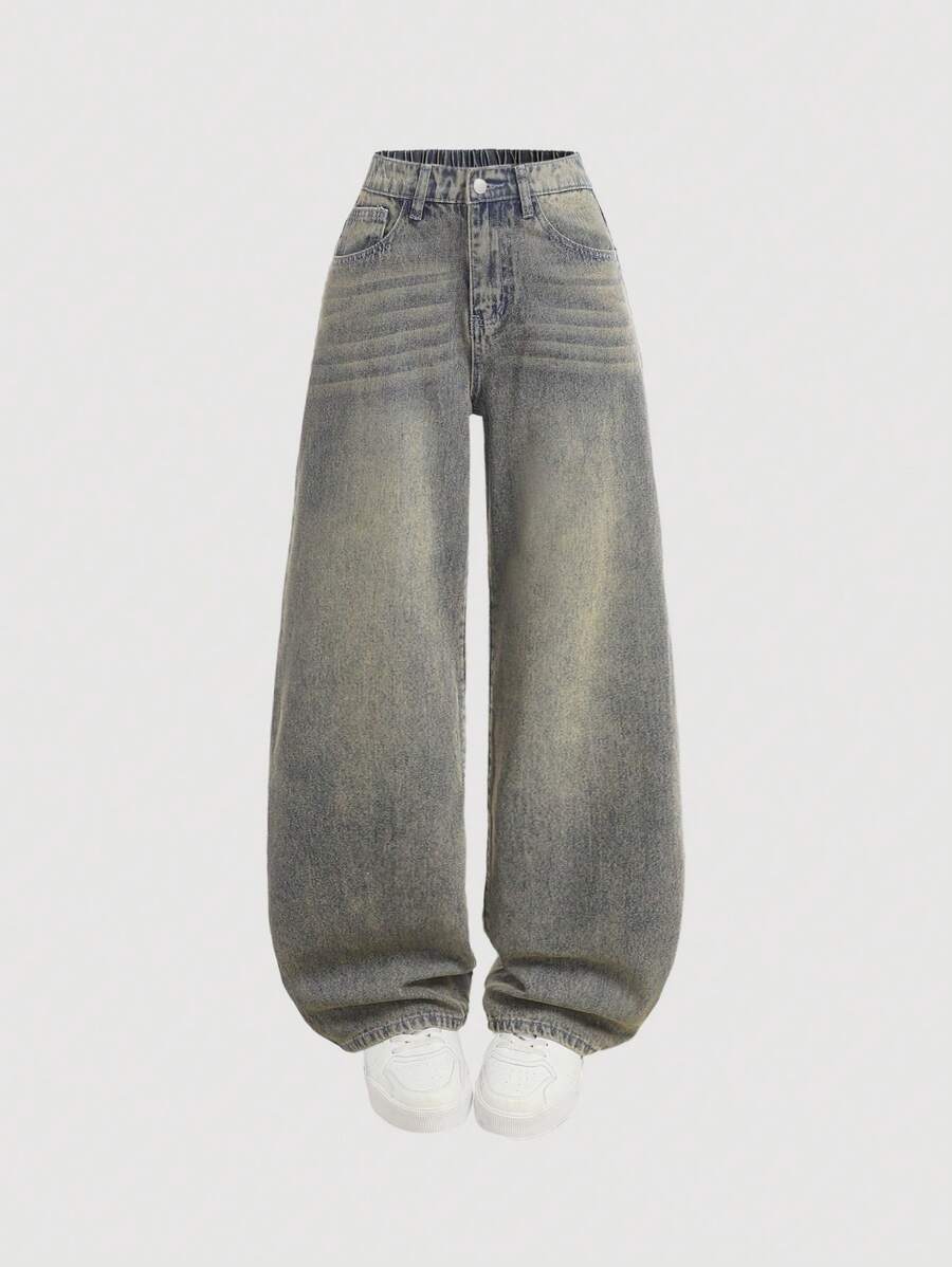 SHEIN Girlism 少女 Y2K 宽松休闲阔腿牛仔裤，带口袋 - 中等水洗藍 - 查看 1