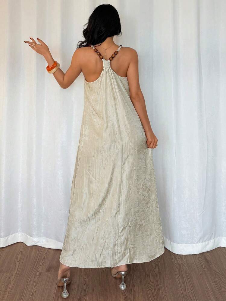 Women's Loose V-Neck Bead Decor Mid-Length Casual Dress, Summer Maxi Dress