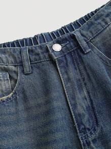 SHEIN Girlism 少女蓝色宽松直筒牛仔裤 - 深色水洗藍 - 查看 3