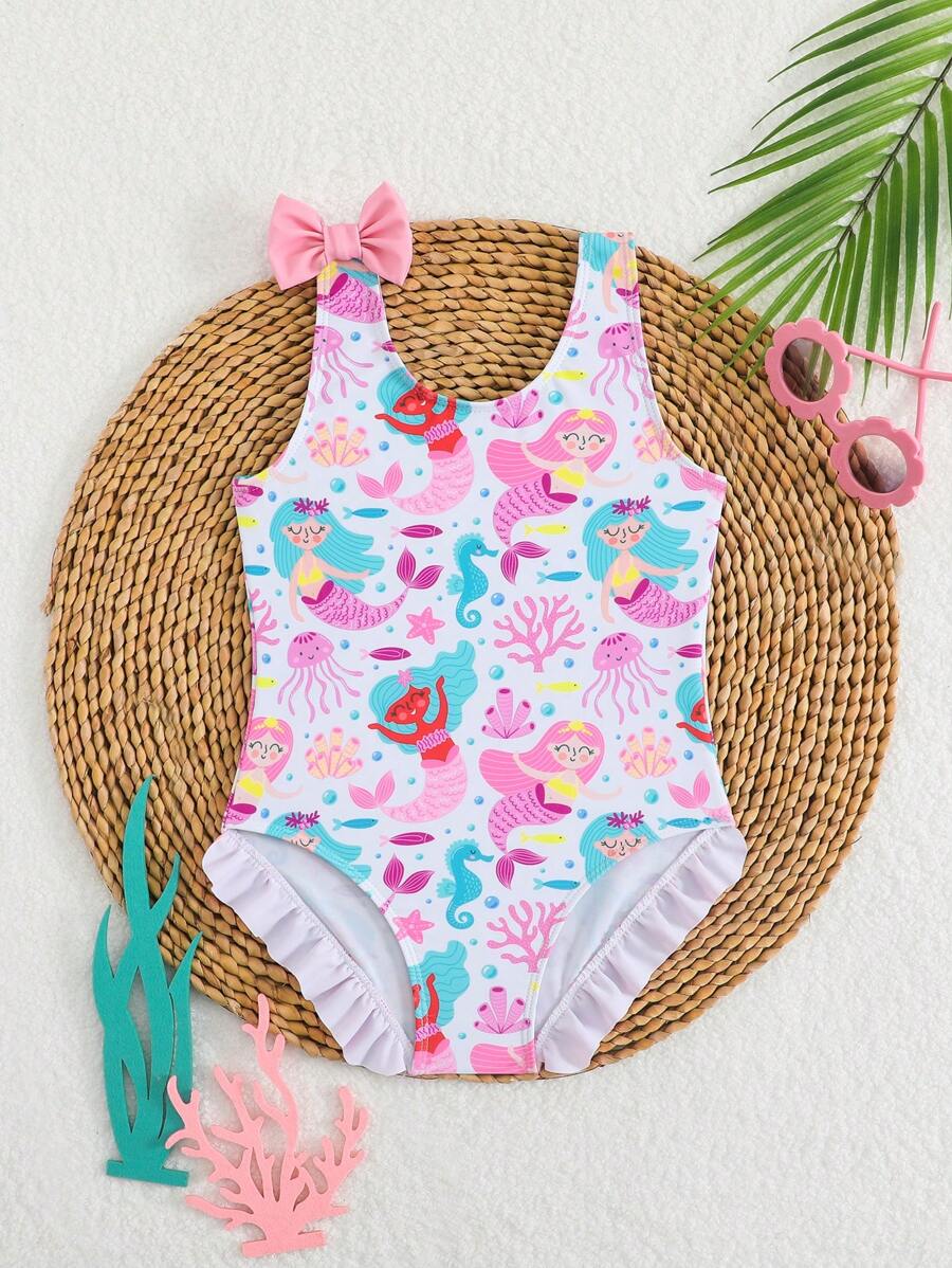 Young Girl Mermaid Printed One Piece Swimsuit With Bow Detail Mermaid Swimsuit Girls Girls Mermaid Swimsuit Girls One Piece Swimsuit Toddler Girl Swimsuit Kids Bathing Suit - Dusty Pink - View 1
