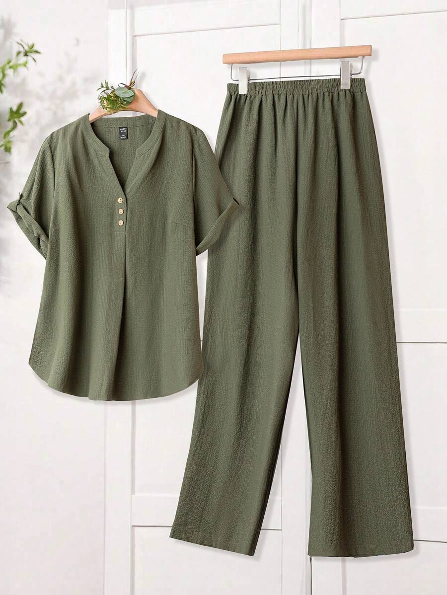 EMERY ROSE Bộ đồ hai mảnh áo cánh ve lật màu trơn thường ngày cỡ lớn đi nghỉ mát và quần ống rộng - xanh quân đội - Xem 1