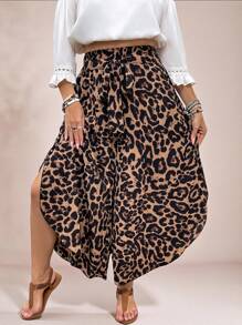 SHEIN VCAY Plus Size Asymmetrical Leopard Print Wide Leg Pants For Vacation - Multicolor - View 6