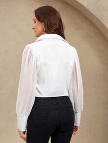 EMERY ROSE Nueva camisa elegante de moda con manga abullonada y abotonada, blusa de ajuste elegante y ceñido con manga transparente - Blanco - Ver 2