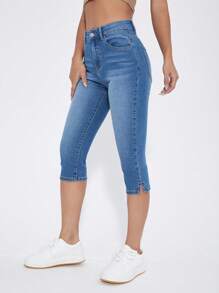 SHEIN Essnce Pantalones capri vaqueros elásticos y casuales con bolsillos para mujer - Azul - Ver 4