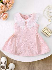 SHEIN Elladie kids Baby Girls Peter Pan Collar Sweet Princess Lace Trim Pink Sleeveless Dress, Summer Pink Baby Girl Dress With Collar Collared Baby Girl Dress Summer Baby Girl Dress - Pink - View 3