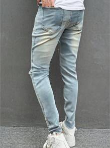 Manfinity LEGND Men's Distressed Color Block Skinny Denim Jeans With Pockets, Summer - Light Wash - View 2