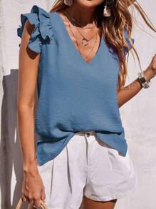 EMERY ROSE Women V-Neck Solid Color Cap Sleeve Casual Blouse - Blue - View 3