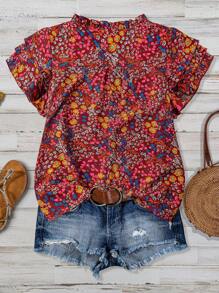 Linhara 大码女式花卉印花V领荷叶边袖休闲日常度假夏季衬衫 - 紅色 - 查看 2