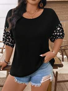 EMERY ROSE 大码女式雏菊印花拼布短袖休闲T恤，夏季 - 黑色 - 查看 3