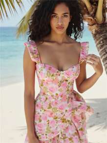 Glamine Abito floreale elegante e romantico da donna con scollo a V, rouches e orlo asimmetrico, adatto per le vacanze in rosa - Rosa - Visualizzare 4