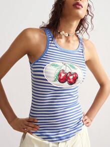 Bohemela Women's Casual Knit Cherry Stripe Print Tank Top - Blue and White - View 1