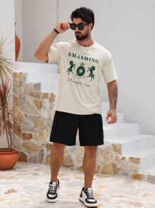 DAZY Camiseta de color crema con estampado de caballo y letras para hombres en verano