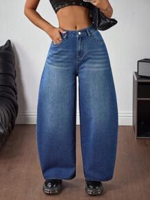 SHEIN ICON 女式蓝色宽松休闲夏季时尚百搭牛仔裤 - 藍色 - 查看 6