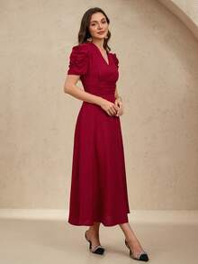 EMERY ROSE Women's Solid Color V-Neck Waist-Fitting A-Line Dress For New Year Clothes Maxi Women Outfit - Red - View 4