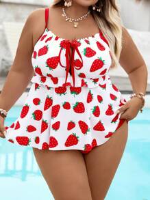 SHEIN CURVE+ Bộ đồ bơi tankini dây đeo họa tiết dâu tây casual cho nữ size lớn, trang phục đi biển mùa hè/về quê/kỳ nghỉ bãi biển/đồ đi biển/đồ tắm cho nữ - Nhiều màu - Xem 3