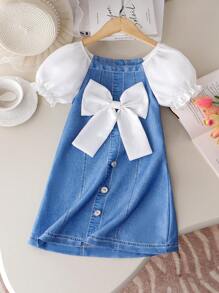 SHEIN Young Girl Elegant & Graceful Bowknot Decor White & Blue Mini Dress, Casual Vacation Dress For Outdoor & Beach Summer Holiday