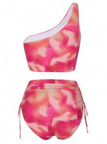 Swim Oasis Plus Size Women's 3-Piece Pink Asymmetrical Shoulder Fashion Elegant Beach Vacation Floral Print Bikini Set With Sarong Beach Outfit For Summer, For Going Out - Pink - View 4