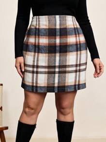 SHEIN Clasi 大碼格紋印花高腰半身裙