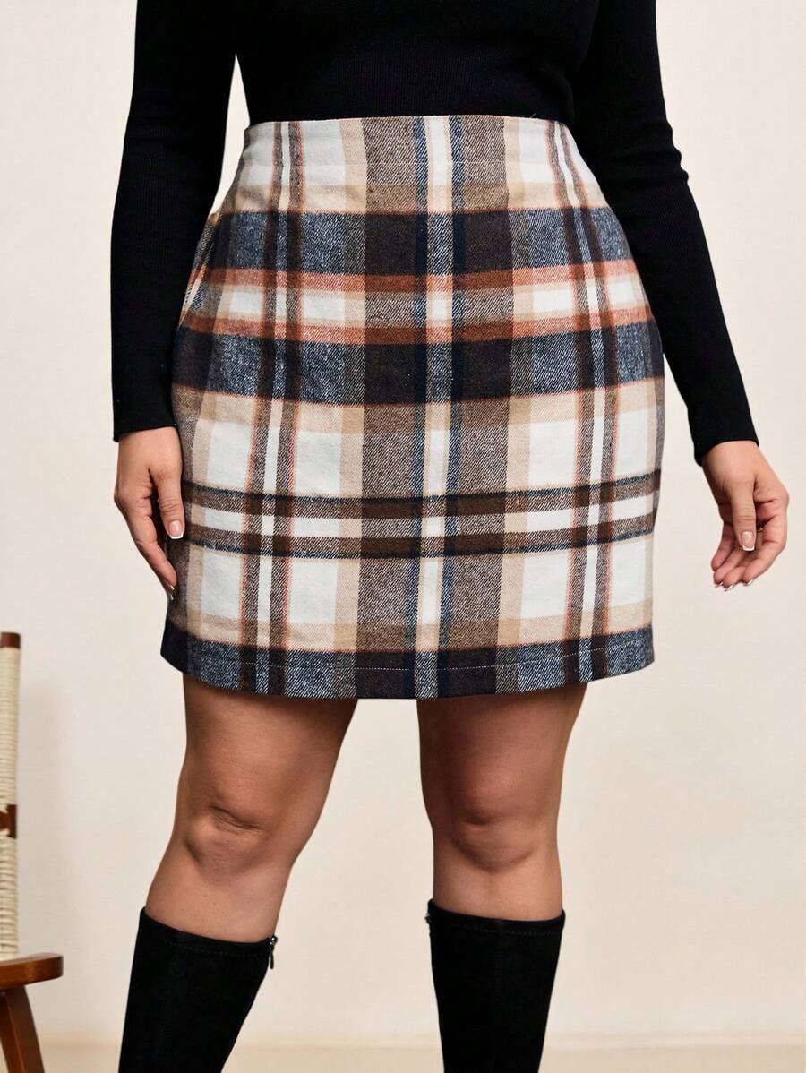 SHEIN Clasi 大碼格紋印花高腰半身裙