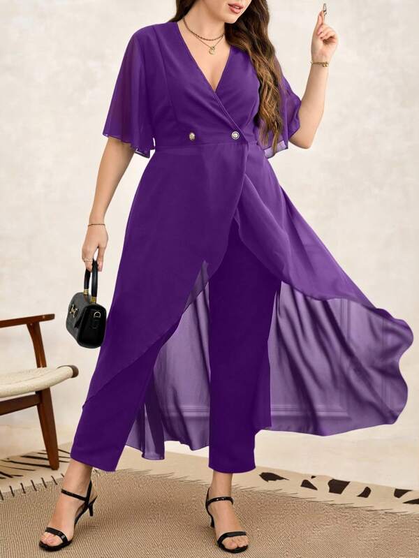SHEIN Clasi 2 buc/set Plus Size femei culoare solidă volane garnitură cămașă lungă și pantaloni