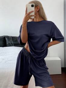 Livesso 2pcs/Set Women Summer Beach Vacation Style Loose Casual T-Shirt Set