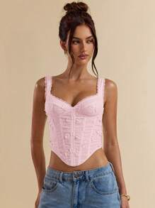 SHEIN x Eduarda Gutierrez SHEIN BAE 白色 3D 花卉刺绣紧身吊带背心、女式短款上衣、白色紧身胸衣 - 珊瑚粉 - 查看 4