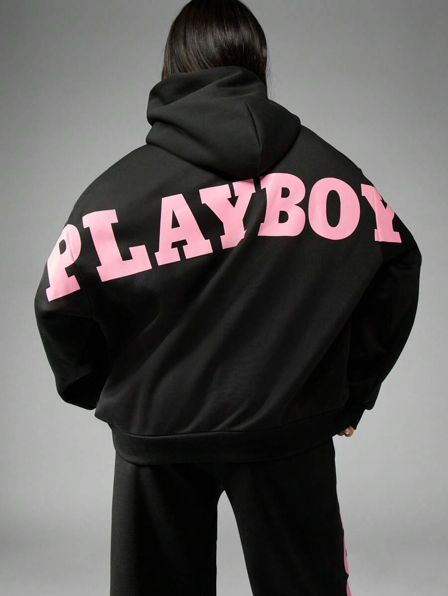 Missguided x Playboy Oversized Back Logo Hoodie Streetwear Fashion Statement Loungewear Classic Winter Fall Casual Pullover Graphic Designer Collaboration Sweatshirt - Black - View 1