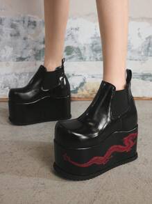 Sugerpunk Women's Black Platform Wedge Ankle Boots, Elevated Goth Style With Dragon Embroidery, Metal Decor & Chunky Heel - Black - View 8