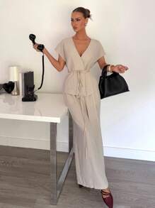 Siren Gaze 女士优雅休闲度假办公室通勤V领腰带宽松衬衫和高腰休闲裤两件套，商务休闲女装，女装工作服，女装教师装，夏季女装两件套 - 杏色 - 查看 4