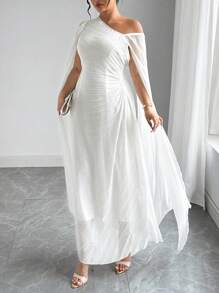 Elenzga 大码女式简约优雅白色不对称领口修身连衣裙 - 白色 - 查看 3