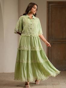 Anewsta Plus Size Women Elegant Romantic Vacation Spring/Summer Green Tassel Floral Trim Short Sleeve Blouse & Maxi Skirt 2 Pieces Set - Green - View 6