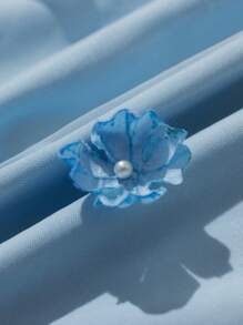 GENKIRA 淡蓝色法式串珠珍珠3D花朵细节高腰吊带A字浪漫优雅女装 - 藍色 - 查看 7