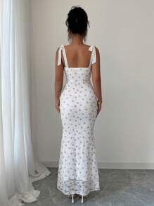 Elenzga Romantic Lace Cherry Print Elegant Mermaid Hem Dress