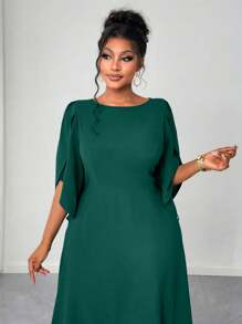 Maweii Váy xòe bất đối xứng màu tím thanh lịch & thời trang cỡ lớn cho nữ, tay áo 3/4, eo thắt chặt, viền loe không đối xứng, thích hợp cho các buổi hẹn hò và tiệc tùng - Màu xanh lá cây đậm - Xem 3