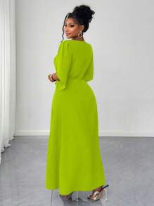 Maweii Váy xòe bất đối xứng màu tím thanh lịch & thời trang cỡ lớn cho nữ, tay áo 3/4, eo thắt chặt, viền loe không đối xứng, thích hợp cho các buổi hẹn hò và tiệc tùng - Màu Mù tạt vàng - Xem 2