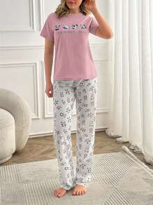 EURMUSE Woen Cotton 2件套撞色可爱熊猫印花短袖衬衫和撞色熊猫图案睡裤睡衣套装 - 淺粉色 - 查看 3