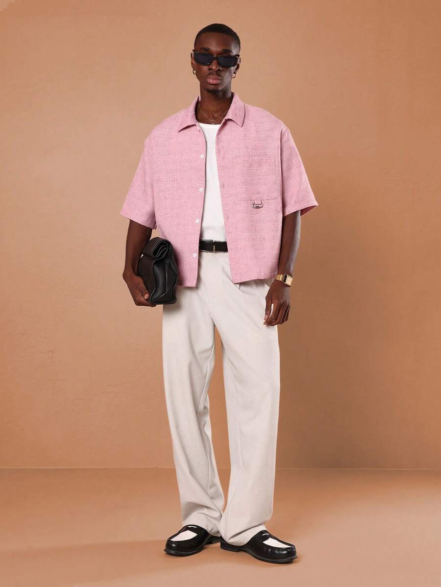 SUMWON Áo sơ mi mùa hè giản dị có túi họa tiết vải lanh có họa tiết Revere cổ áo ngắn tay cài nút phong cách nghỉ dưỡng thoải mái - Hồng - Xem 1