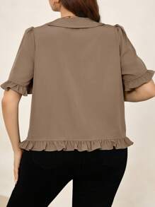 SHEIN Clasi Blusa de manga abullonada de unicolor informal/para trabajo en talla grande - Caqui - Ver 2