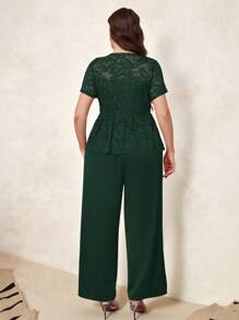 SHEIN Clasi Bộ 2 món cỡ lớn cho nữ: Áo ren tay ngắn & Quần ống rộng, Trang phục Valentine thanh lịch - Màu xanh lá cây đậm - Xem 2