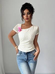 Elenzga Women 3D Flower Decor Asymmetric Collar Short Sleeve T-Shirt, Summer