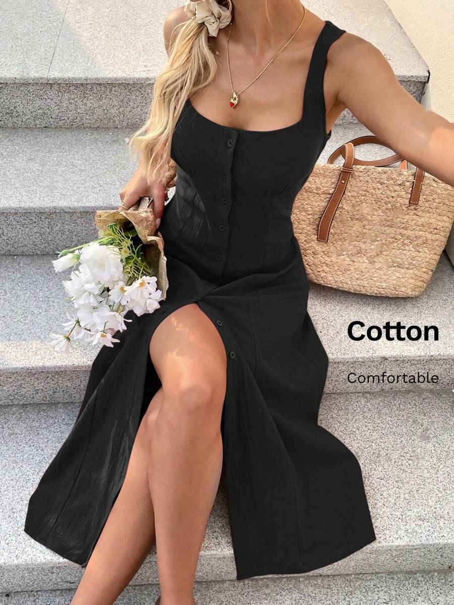 SHEIN LUNE 方领褶皱胸罩杯高开衩露背蝴蝶结腰部 A 字中长连衣裙，采用精梳棉面料制成，女士休闲度假优雅外出连衣裙 - 黑色 - 查看 1