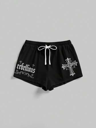 Grunge Punk Shorts casuales de verano de mujer con diseño gótico de cruz y estampado de letras, con cordón en la cintura