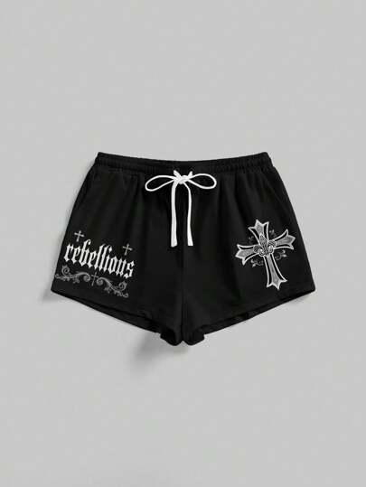 Grunge Punk Short décontracté à cordon de serrage à la taille avec imprimé croix gothique et lettres pour femme, été
