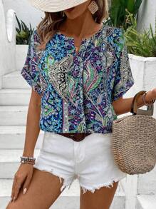 SHEIN LUNE Áo cánh thanh lịch cổ chữ V trễ vai in họa tiết cổ điển cho kỳ nghỉ thường ngày của phụ nữ - Màu tím - Xem 4