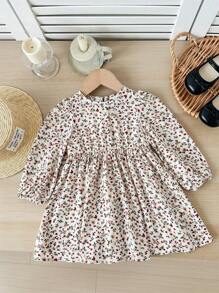 SHEIN Babygirl 可爱度假休闲杏色花卉图案蝴蝶结长袖宽松连衣裙 - 棕色 - 查看 4