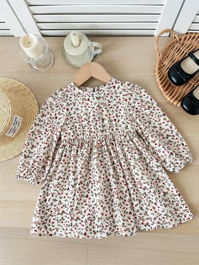 SHEIN LMoss Kids 女宝宝可爱度假休闲杏色碎花蝴蝶结宽松长袖连衣裙